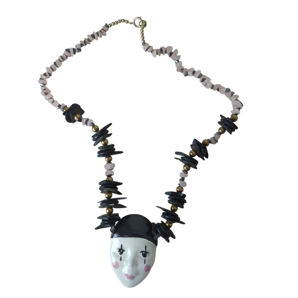 Vintage Harlequin Face Ceramic Pendant Necklace Pink and black stone & wood‎ 25"